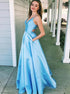 A Line V Neck Satin Lace Up Prom Dresses with Pockets LBQ2071
